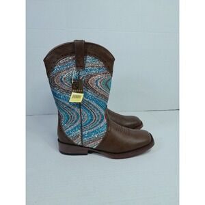 Roper Kids Girls Size 3 Brown Faux Leather Glitter Swirl Cowboy Boots